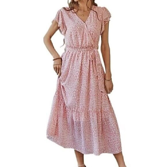 Fashion Dresses & Skirts - FASHION Flowy Midi Tiered Ditsy Floral Dress Rose Pink Faux Wrap XXL - NO BELT